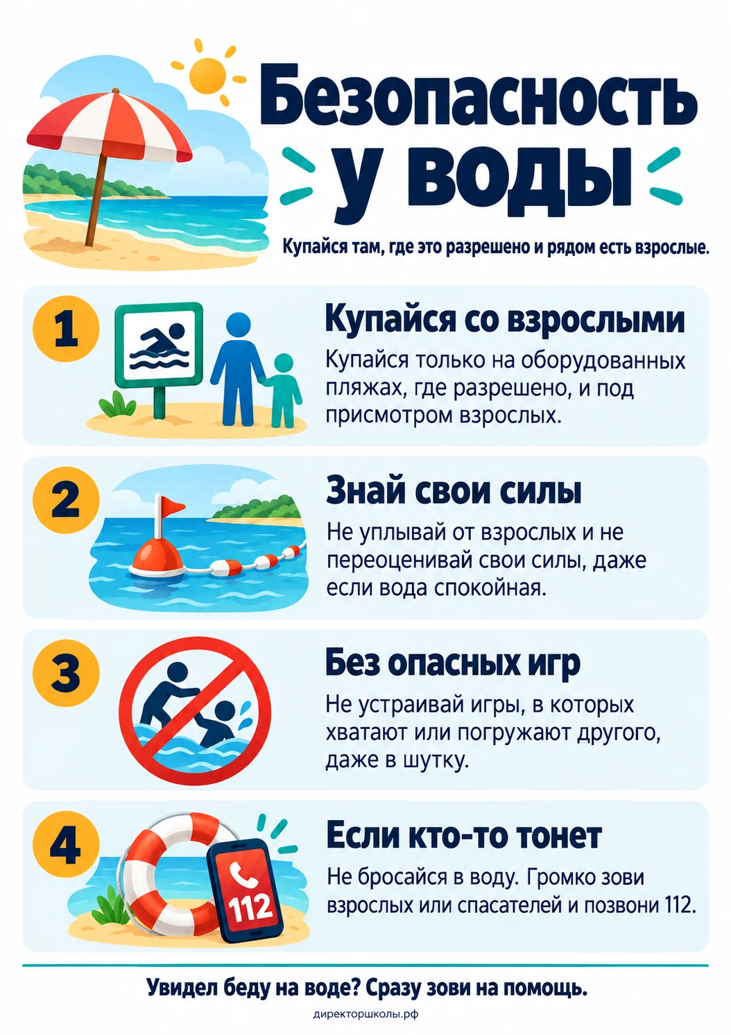Памятка «Безопасность у воды»: четыре пункта для школьника