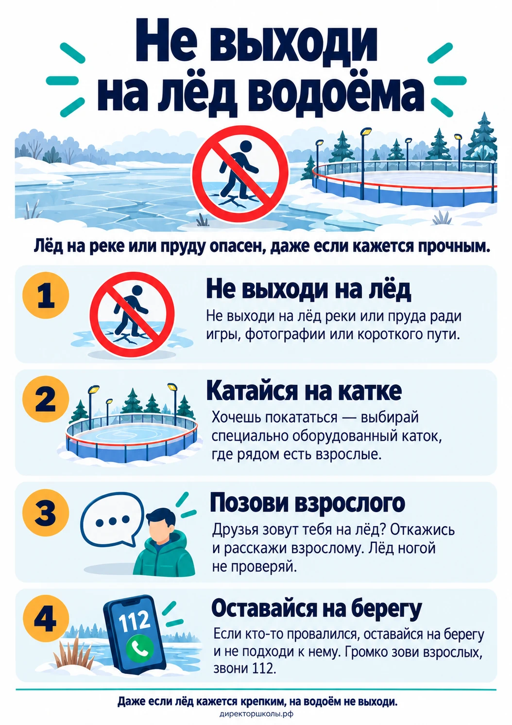 Памятка «Не выходи на лёд водоёма»: четыре пункта для школьника