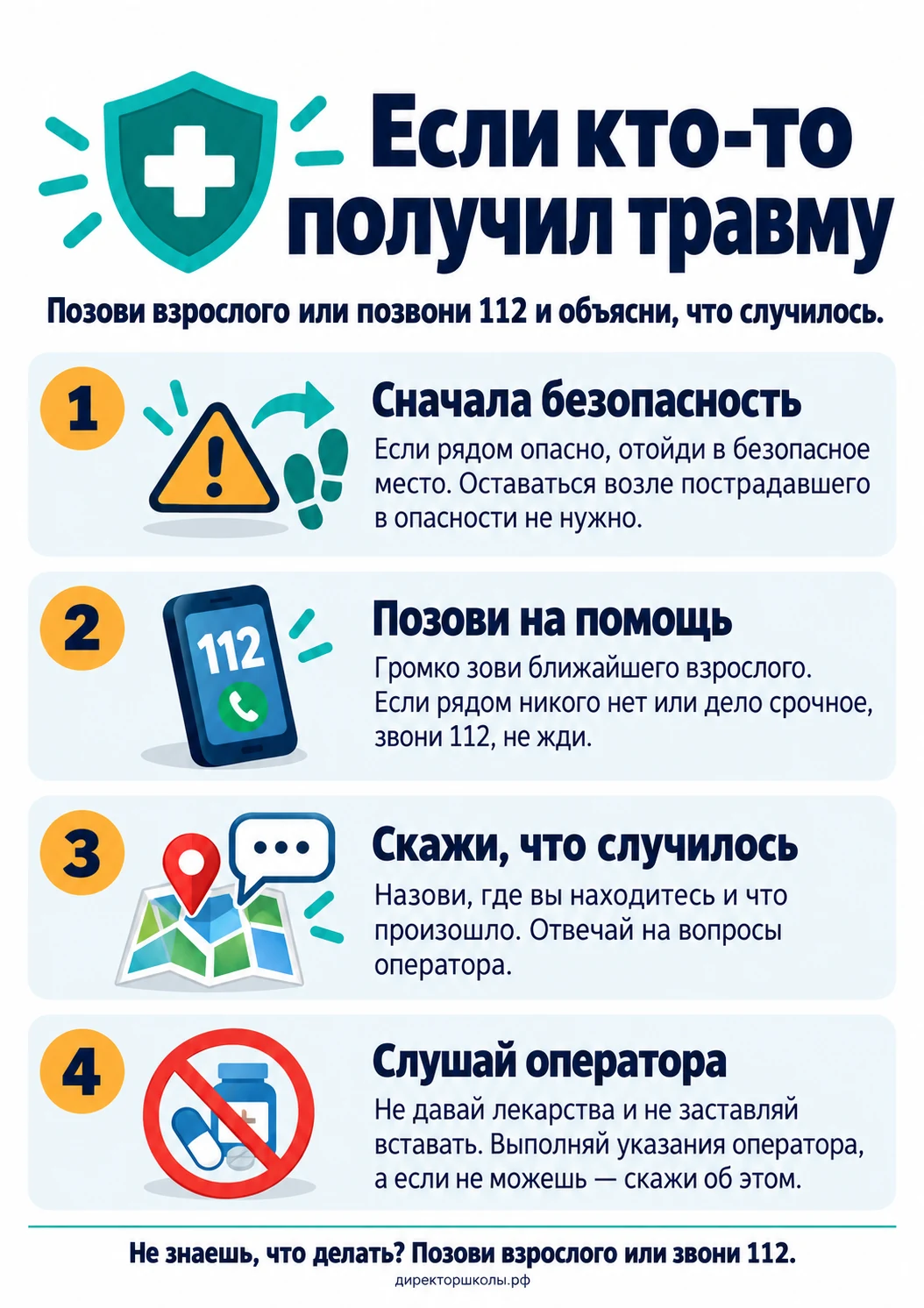 Памятка «Если кто-то получил травму»: четыре пункта для школьника