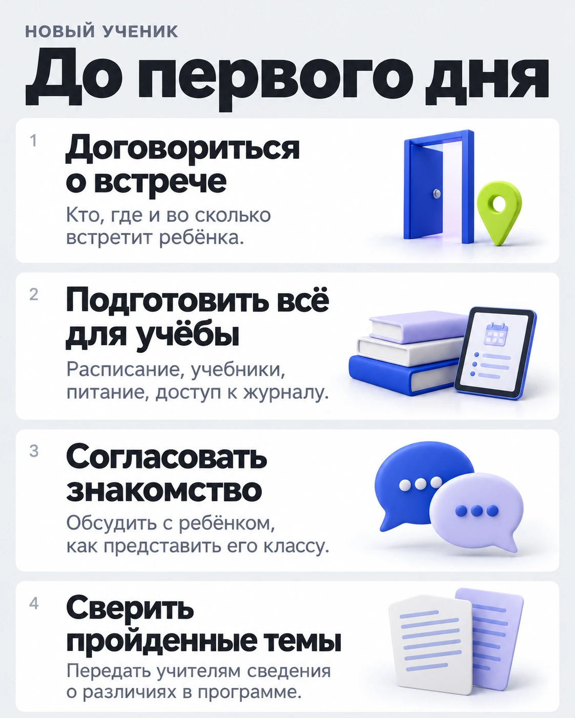 До первого дня: встреча, материалы для учёбы, знакомство и сверка пройденных тем