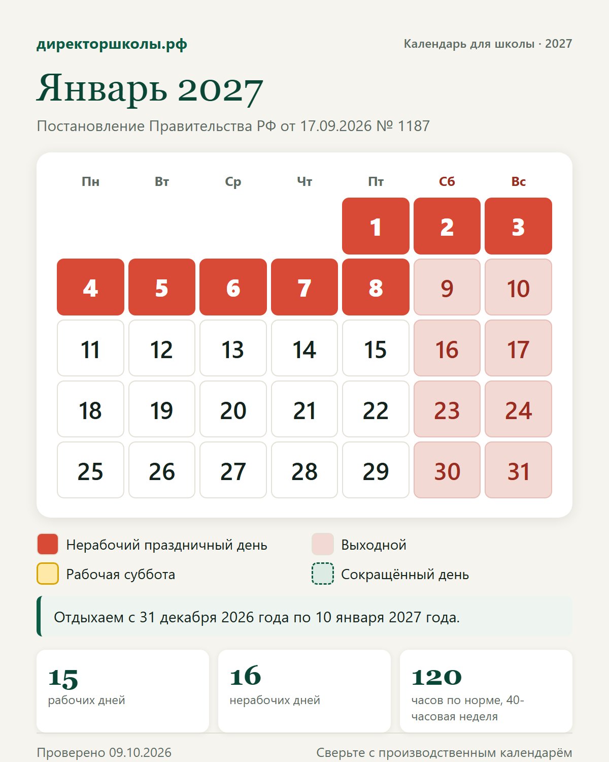 Январь 2027: выходные, праздники и сокращённые дни по постановлению № 1187