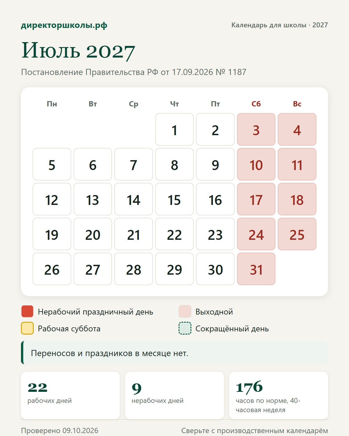 Июль 2027: выходные, праздники и сокращённые дни по постановлению № 1187