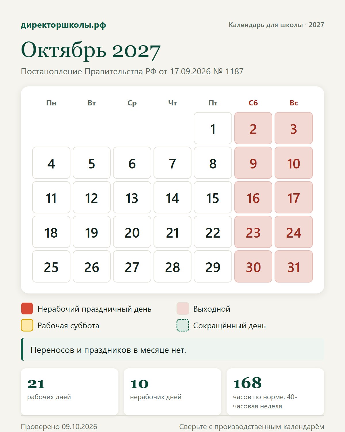 Октябрь 2027: выходные, праздники и сокращённые дни по постановлению № 1187